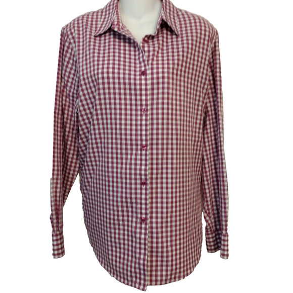 Jones New York Signature Shirt Berry Pink Cotton Non-Iron Gingham Plaid L - Picture 2 of 6
